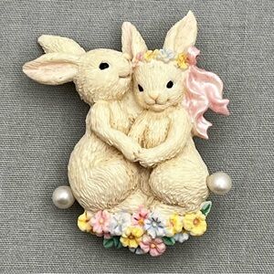 Vintage Avon Bunny Couple Brooch Rabbit Pin Romantic Easter Spring Floral